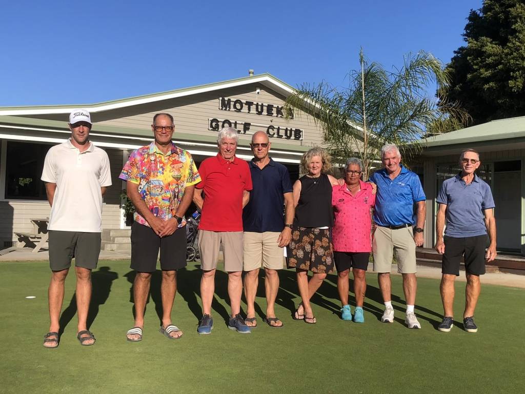 2026 NBS Motueka Open Winners. L to R Jared Armstrong, James Campion, Peter Tudberry, President Ron Noordijk, Sharon McGeown, Tania Appelman, Jim Gallagher & Brent Thomson