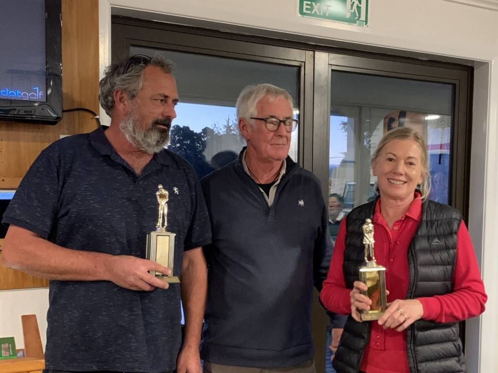 Norm Evans Memorial trophy winners Grant Stevens and Jo Arthur with Peter Johnson. 13 June '26