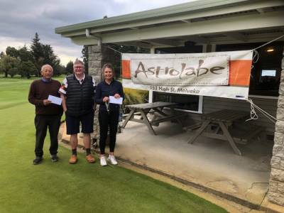 Winners of the Astrolabe Stableford Donna Brooke-Taylor & Brian Miller with sponsor John Inglis