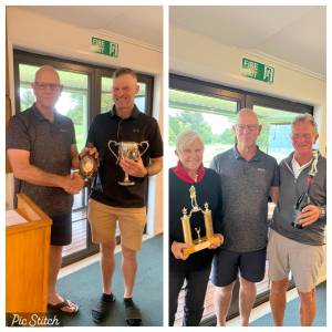 Saturday Winners:Left - Haig Cup Winner Karl Clark with President Ron. Right - Presidents Cup Winners Yvonne Stevenson & Danny Cusiel with Pres Ron