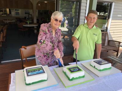 Our life member Norma Westrupp and our youngest competing member Jake Mellors cutting the centennial cake!
